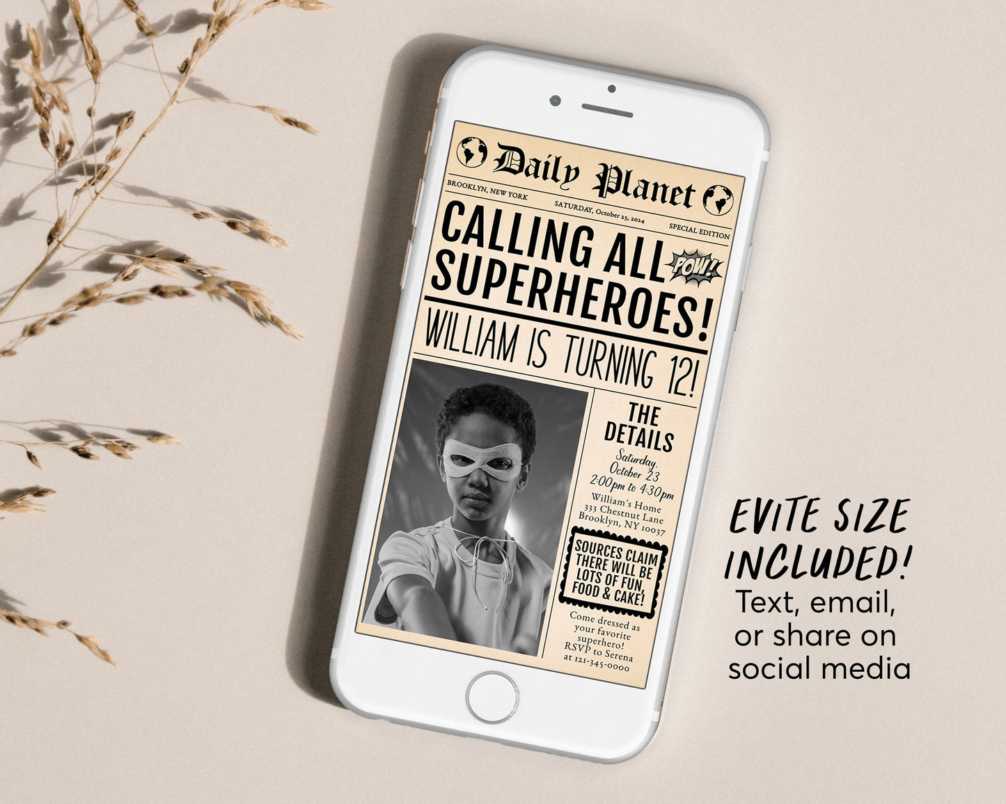 Superhero Newspaper Invitation With Photo Editable Template, Vintage Superhero Birthday Theme Party Invite, Hero Evite Printable Printable