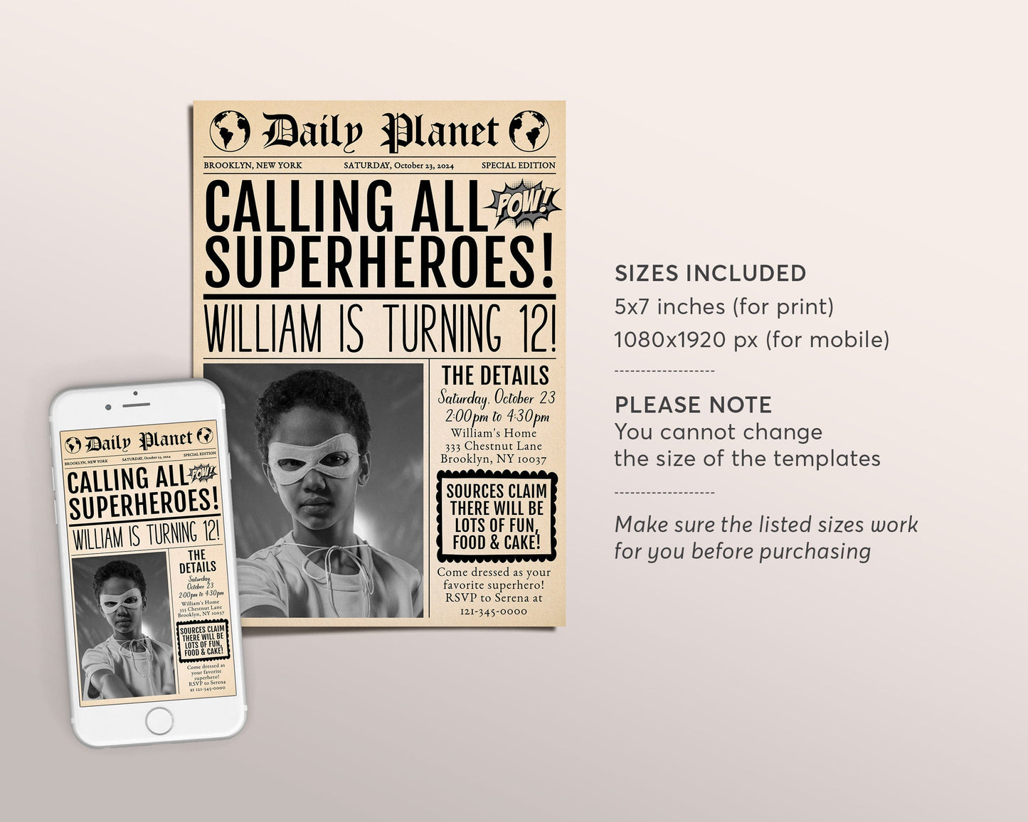 Superhero Newspaper Invitation With Photo Editable Template, Vintage Superhero Birthday Theme Party Invite, Hero Evite Printable Printable