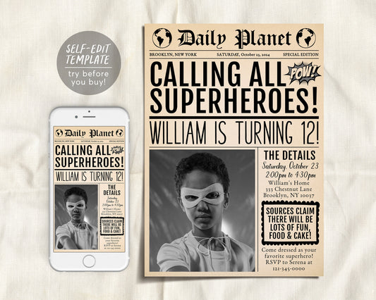 Superhero Newspaper Invitation With Photo Editable Template