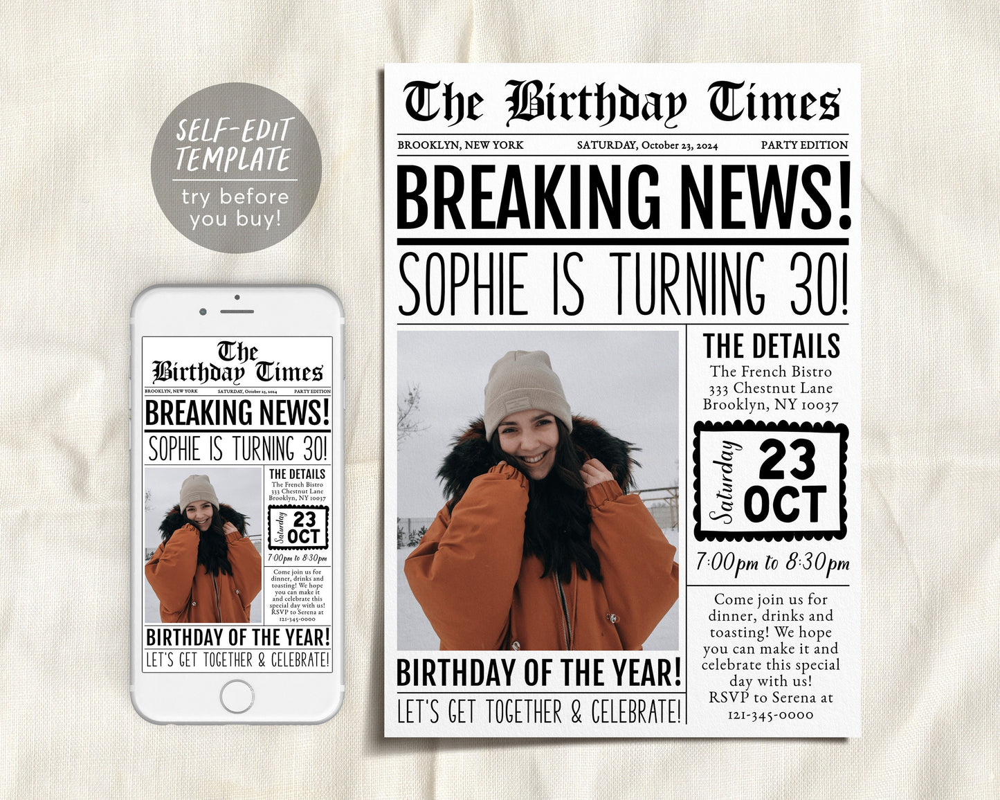 Birthday Newspaper Invitation With Photo Editable Template