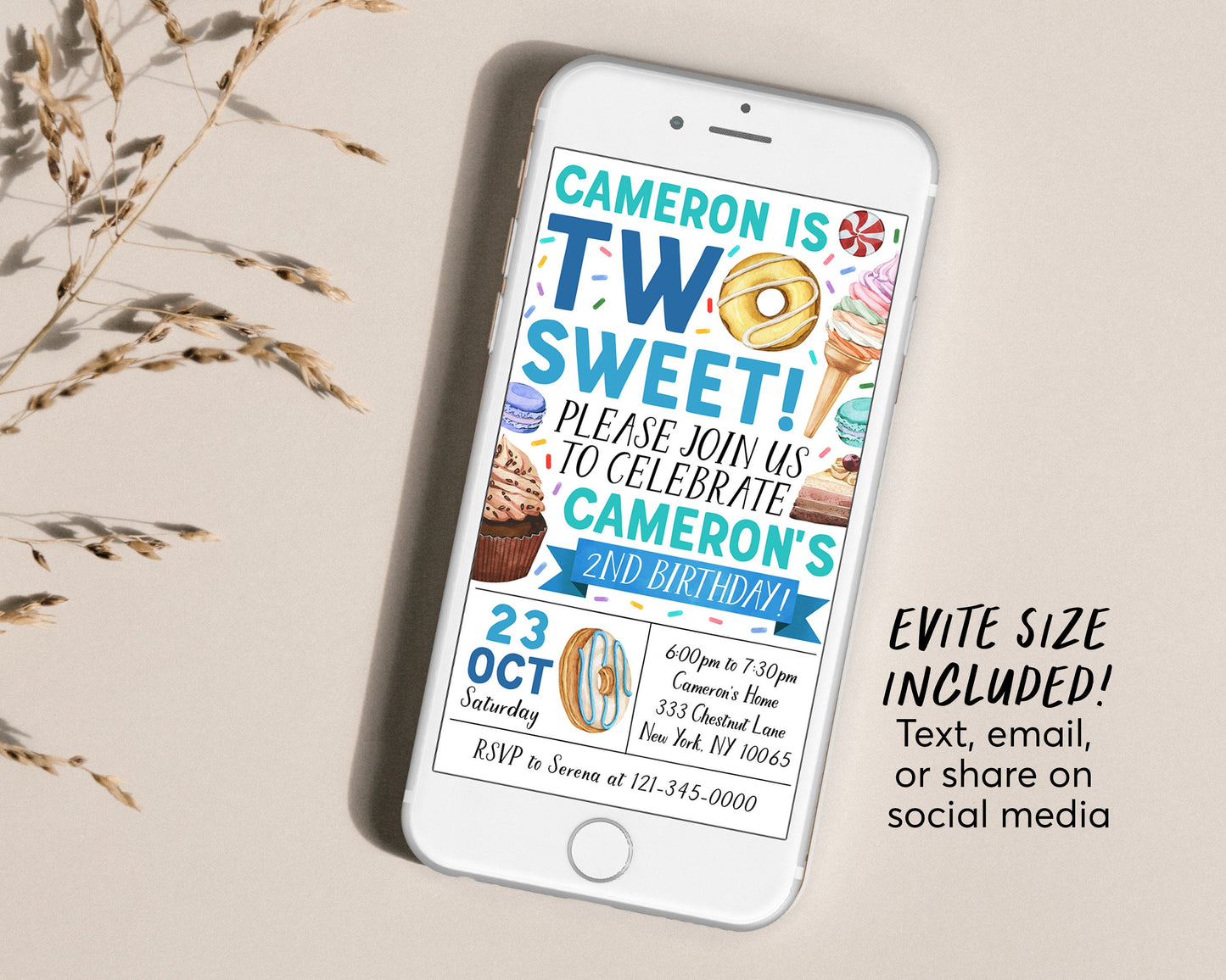 Two Sweet Invitation Editable Template, Boy Donut 2nd Birthday Invite, Blush Two Year Donuts Sweets Candy Dessert Party Sprinkles Evite