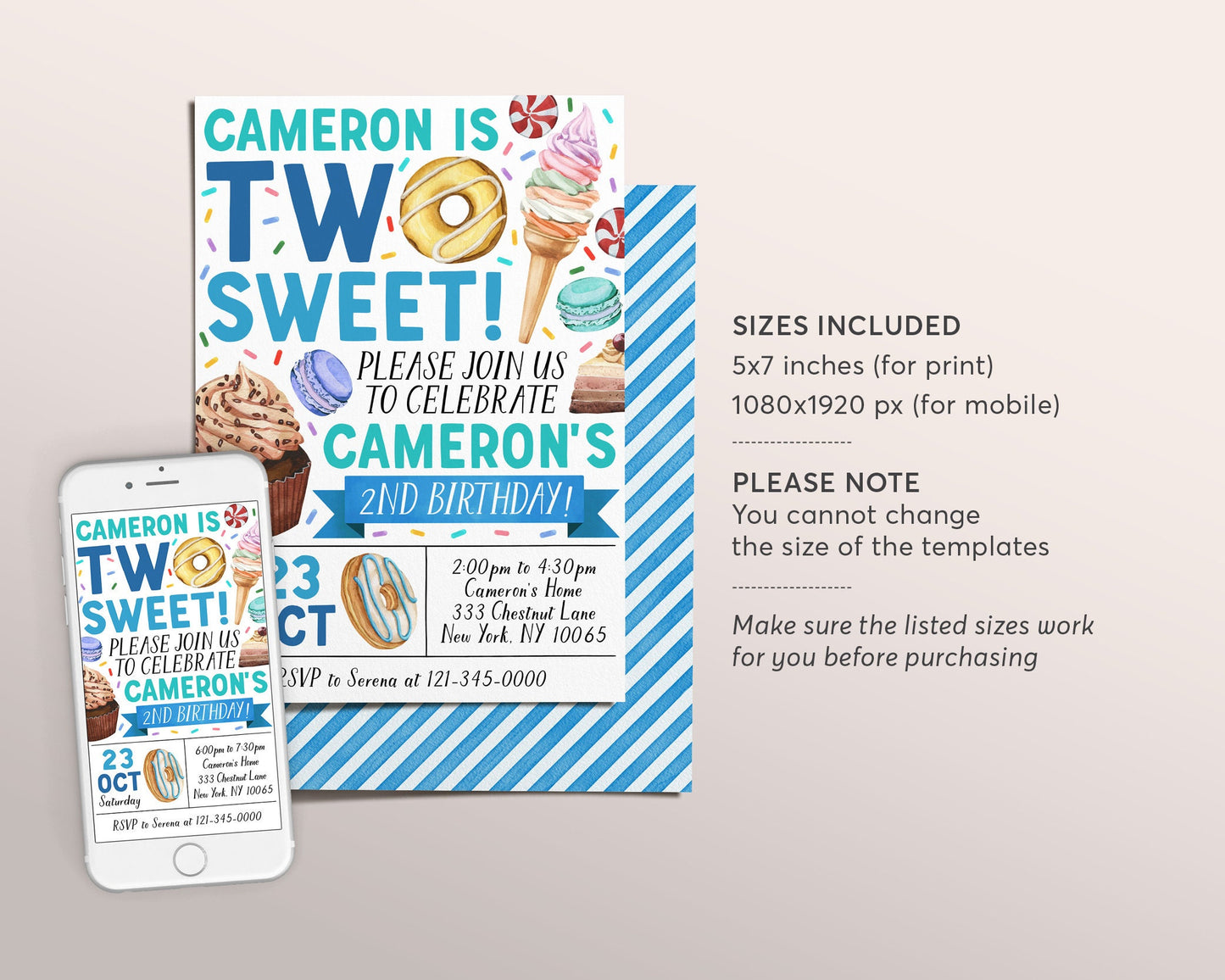 Two Sweet Invitation Editable Template, Boy Donut 2nd Birthday Invite, Blush Two Year Donuts Sweets Candy Dessert Party Sprinkles Evite