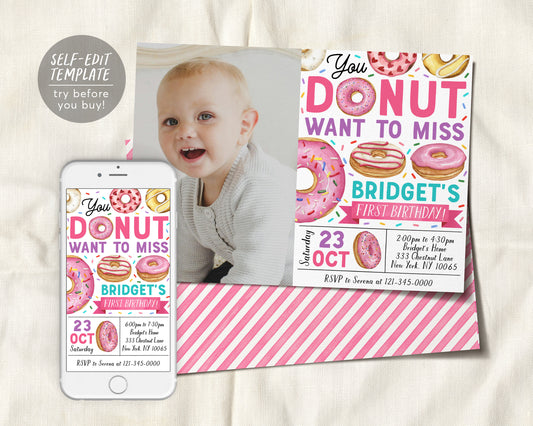 Donut Birthday Invitation With Photo Editable Template