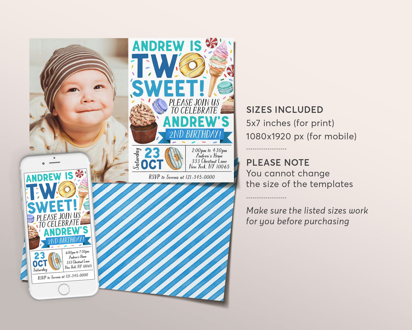 Two Sweet Invitation With Photo Editable Template, Boy Donut 2nd Birthday Invite, Blush Two Year Donuts Sweets Candy Dessert Party Evite