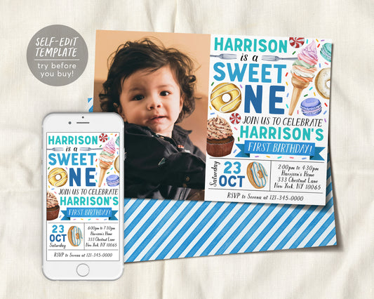 Sweet One Invitation With Photo Editable Template