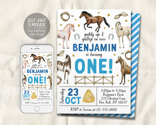 Horse First Birthday Invitation Editable Template