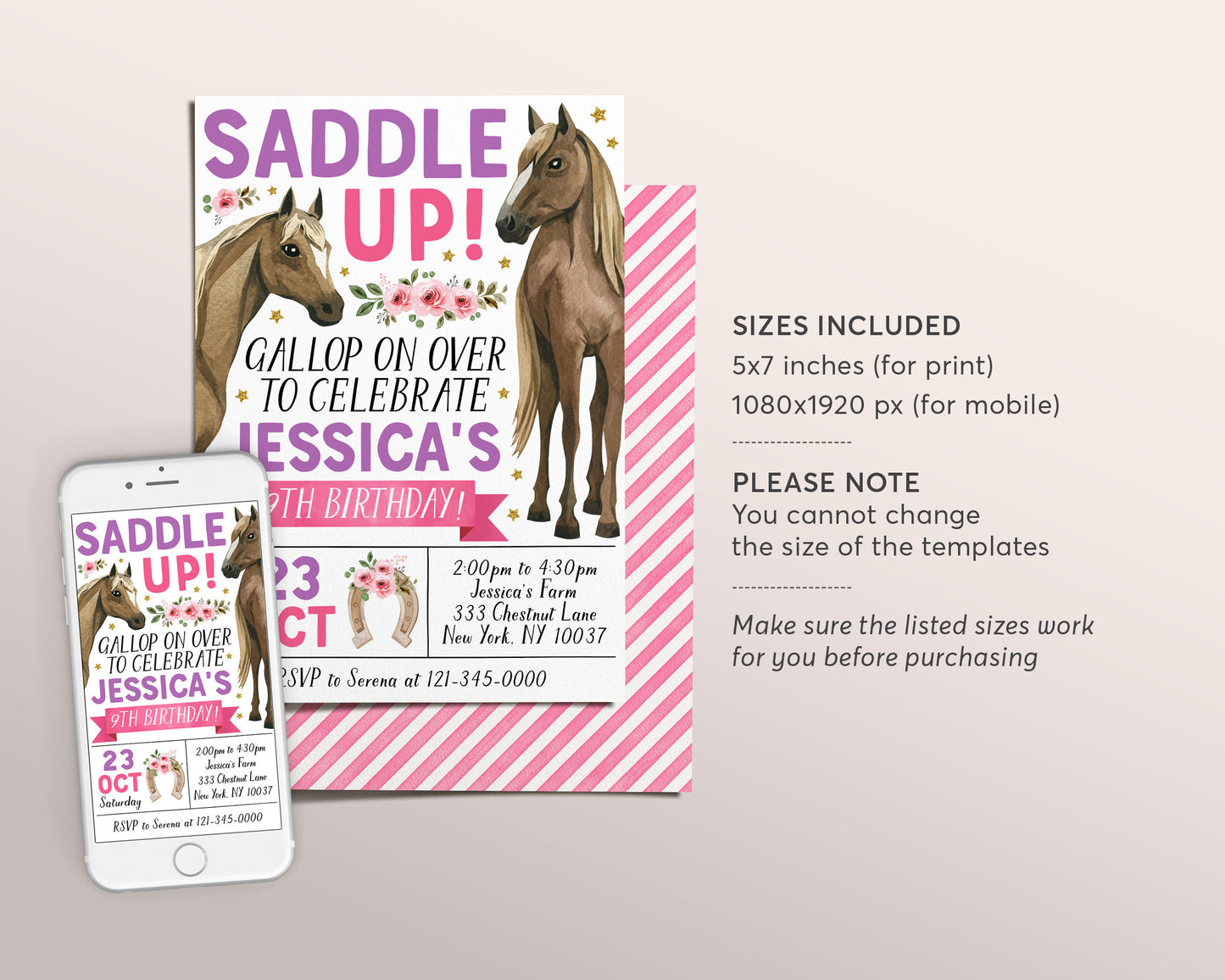 Horse Birthday Invitation Editable Template, Cowgirl Horse Girl Equestrian Party Invite, Saddle Up Farm Floral Wild Horses Rodeo Evite
