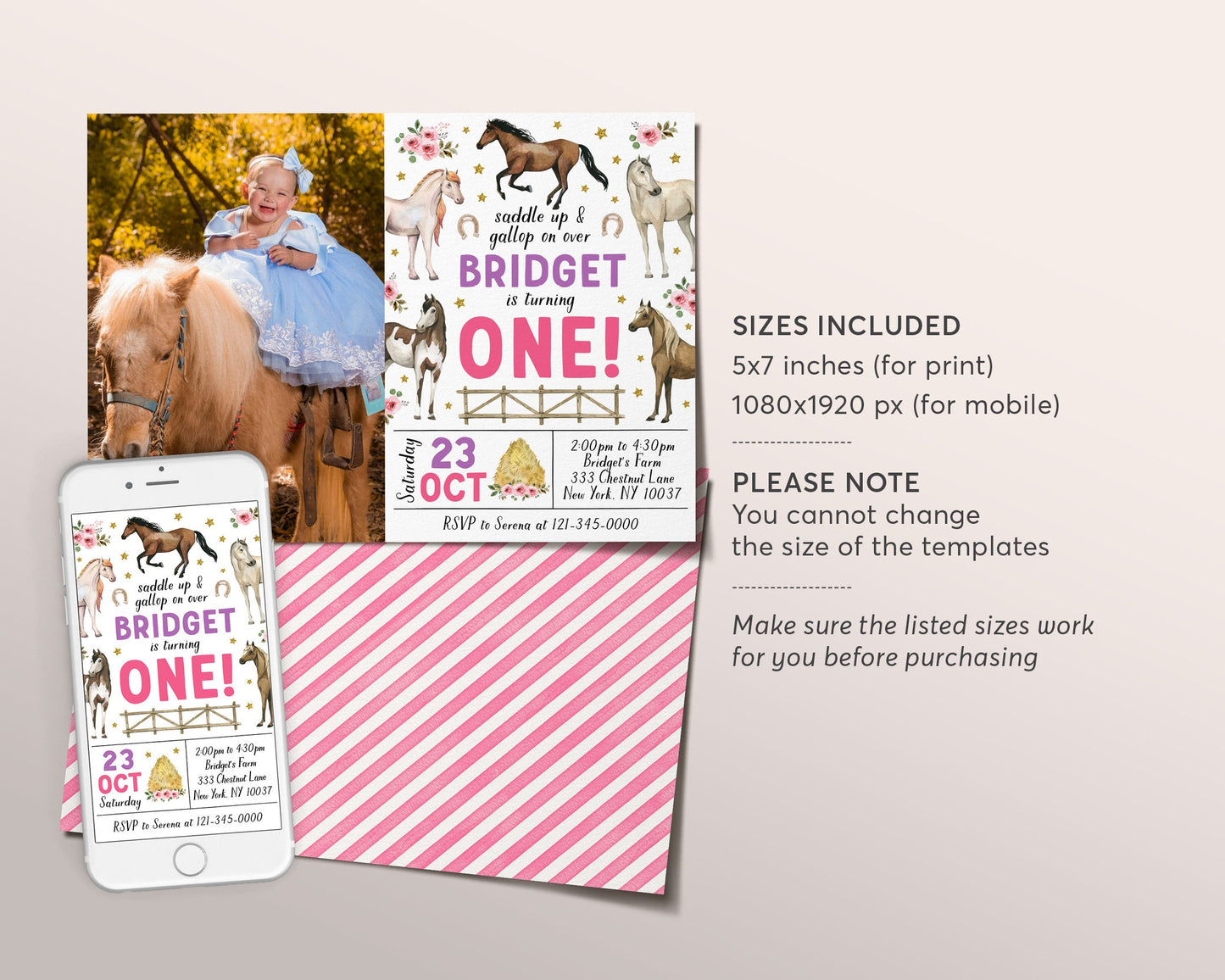 Horse First Birthday Invitation With Photo Editable Template, Cowgirl Horse Equestrian Party Invite, Saddle Up Girl Farm Floral Horses Evite