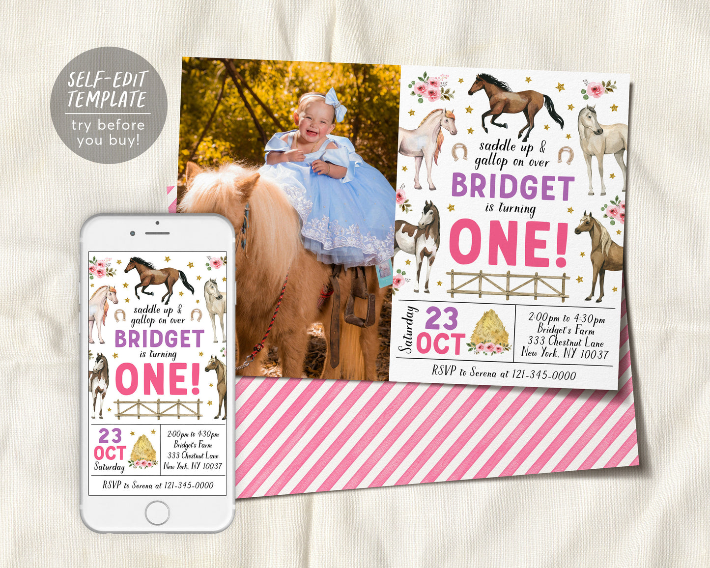 Horse First Birthday Invitation With Photo Editable Template