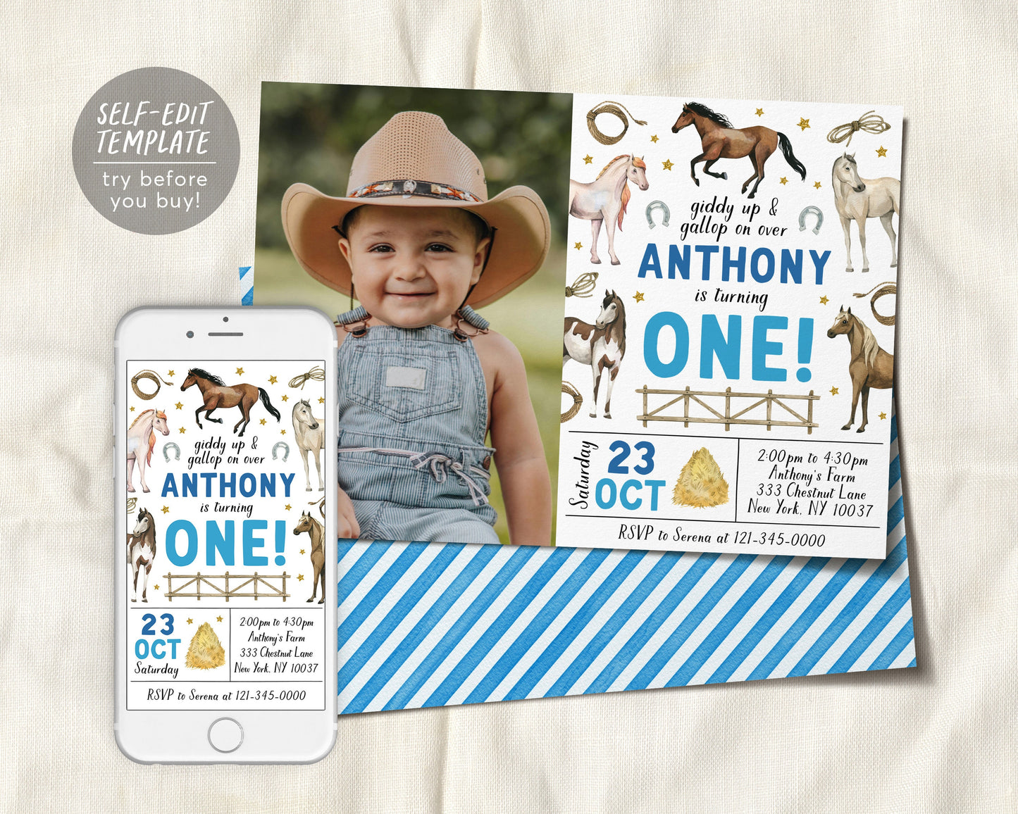 Horse First Birthday Invitation With Photo Editable Template