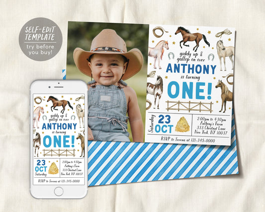 Horse First Birthday Invitation With Photo Editable Template