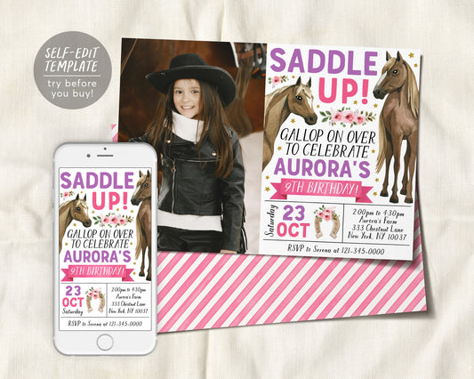 Horse Birthday Invitation With photo Editable Template