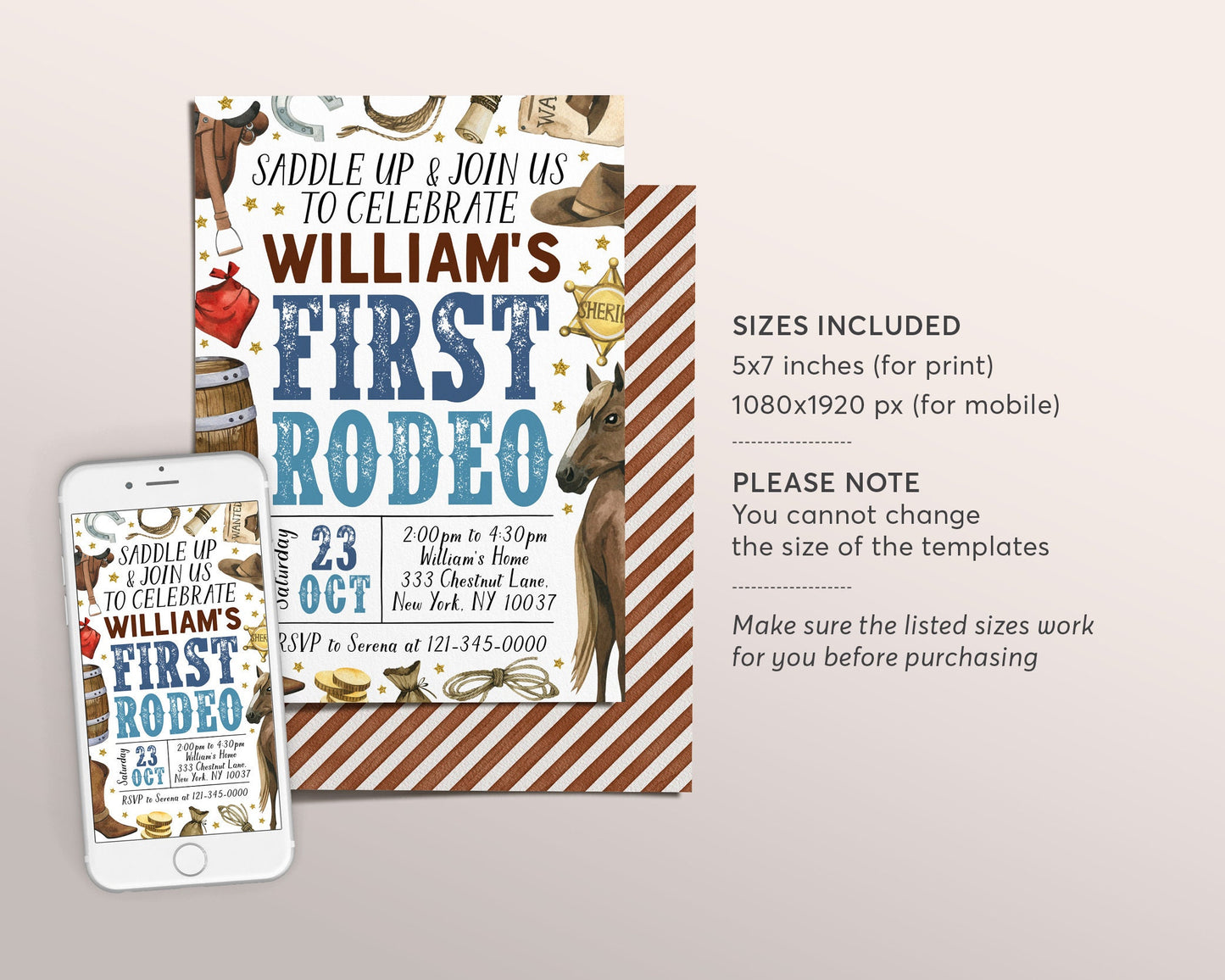 First Rodeo Birthday Invitation Editable Template, Cowboy Wild West Party Invite, Boy 1st Birthday Ranch Southwestern Country Western Evite