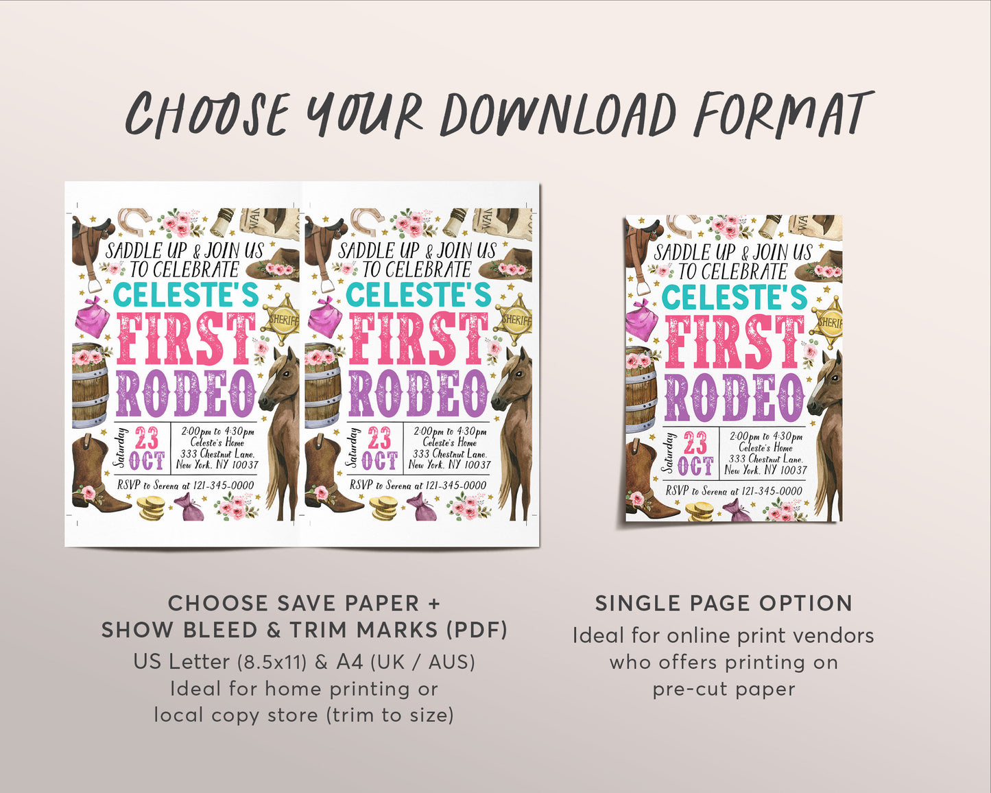 First Rodeo Birthday Invitation Editable Template, Cowgirl Pink Wild West Party Invite, Girl Floral Ranch Southwestern Country Western Evite