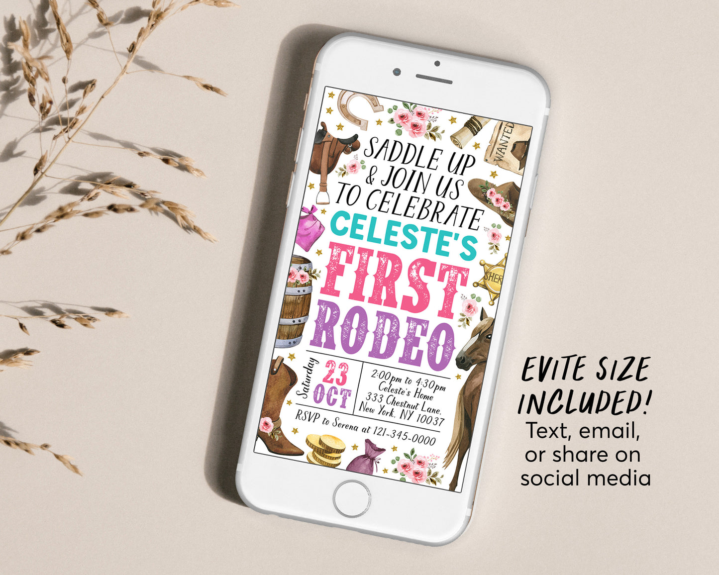 First Rodeo Birthday Invitation Editable Template, Cowgirl Pink Wild West Party Invite, Girl Floral Ranch Southwestern Country Western Evite