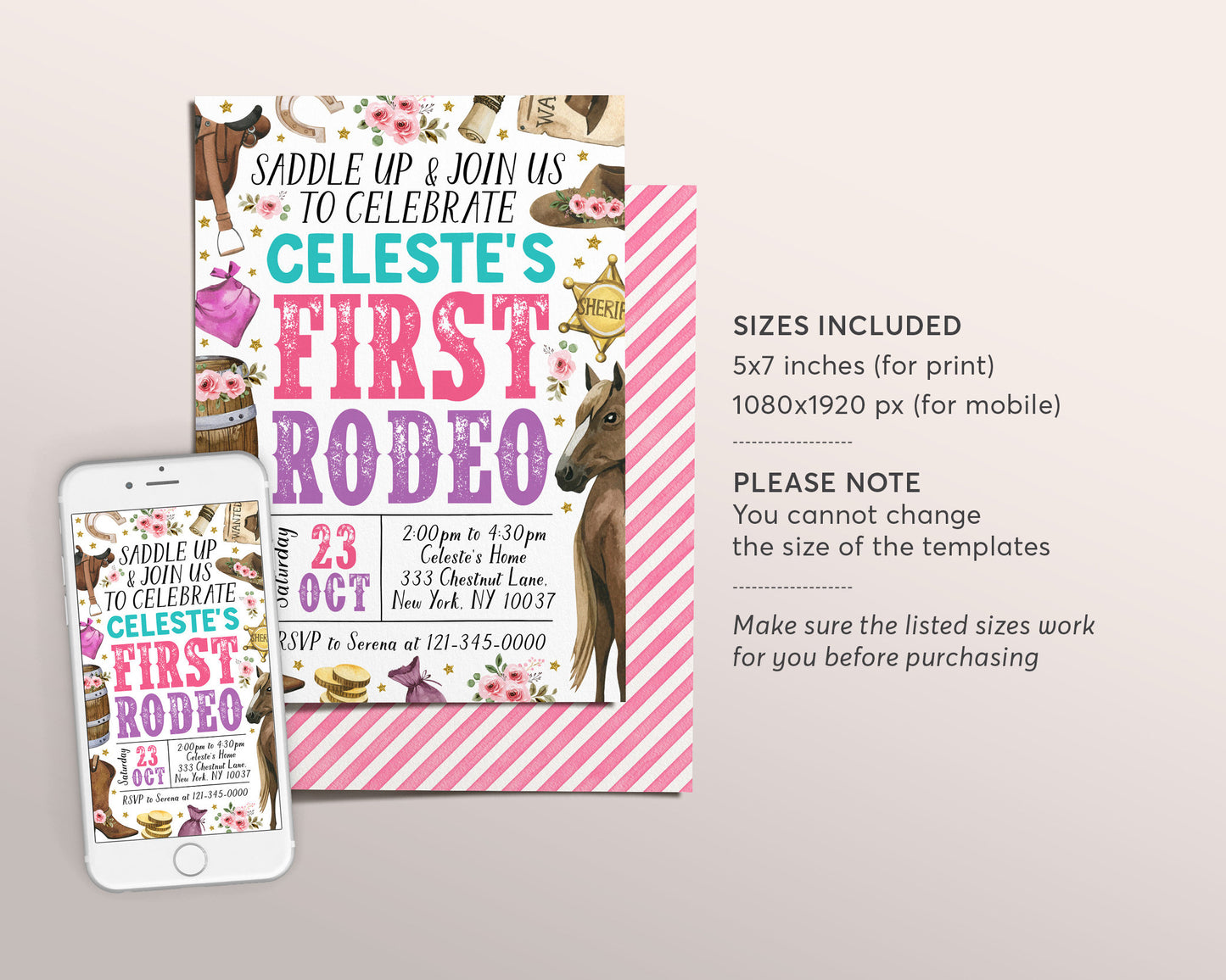 First Rodeo Birthday Invitation Editable Template, Cowgirl Pink Wild West Party Invite, Girl Floral Ranch Southwestern Country Western Evite