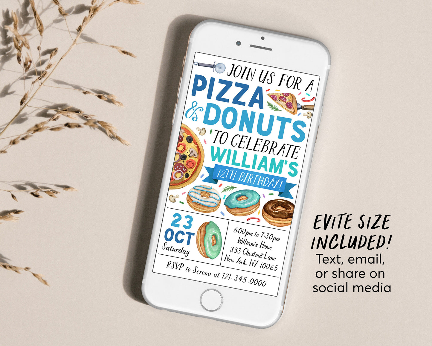 Pizza and Donuts Birthday Invitation Editable Template, Boy Donut And Pizza Party Invite, Kids Pizzeria Pizza Making Evite, Slice Of Fun