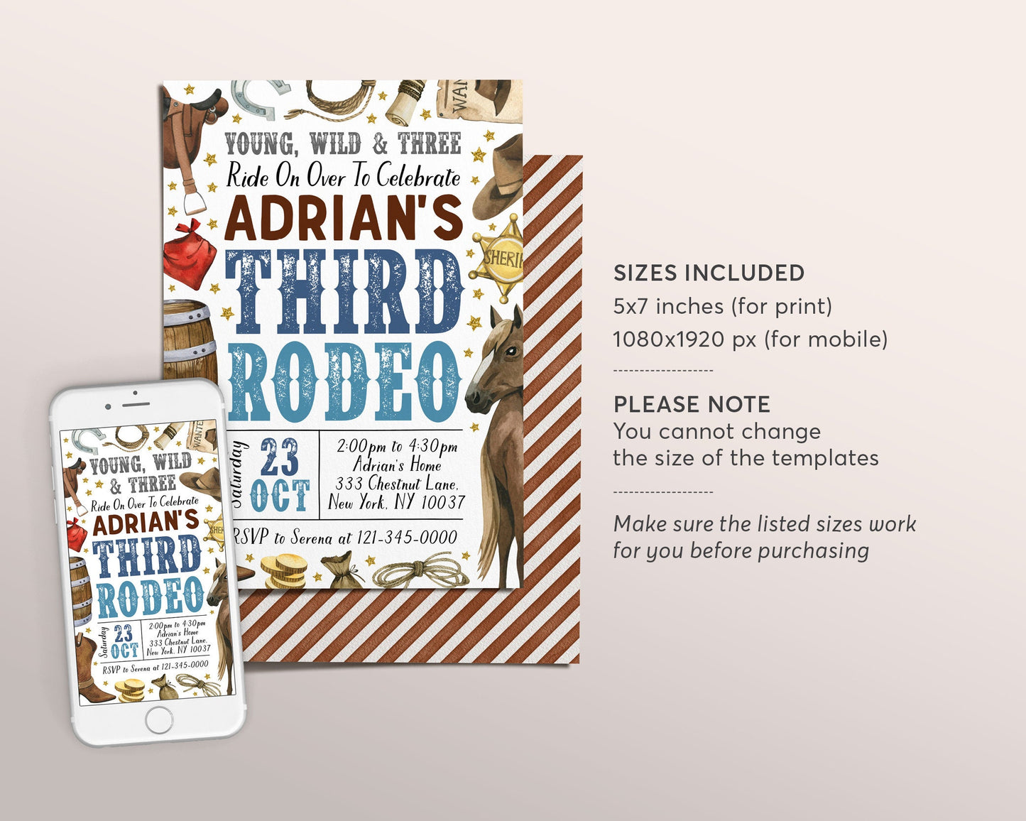 Third Rodeo Birthday Invitation Editable Template, Cowboy Young Wild And Three Wild West Party Invite, Ranch Southwestern Western Evite