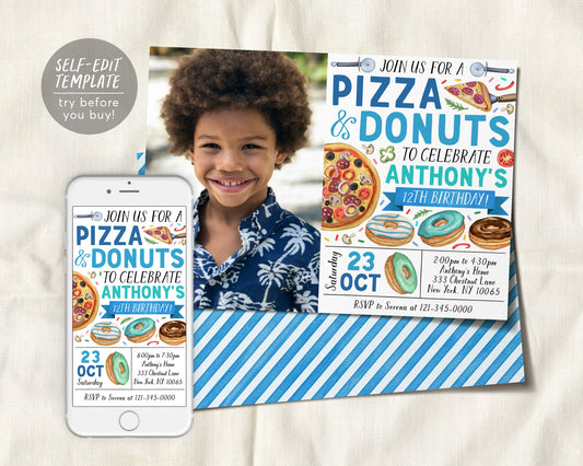 Pizza and Donuts Birthday With Photo Invitation Editable Template