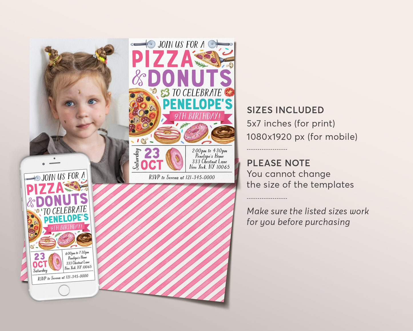 Pizza and Donuts Birthday Invitation With Photo Editable Template, Girl Donut And Pizza Party Invite, Kids Pizzeria Pizza Making Evite