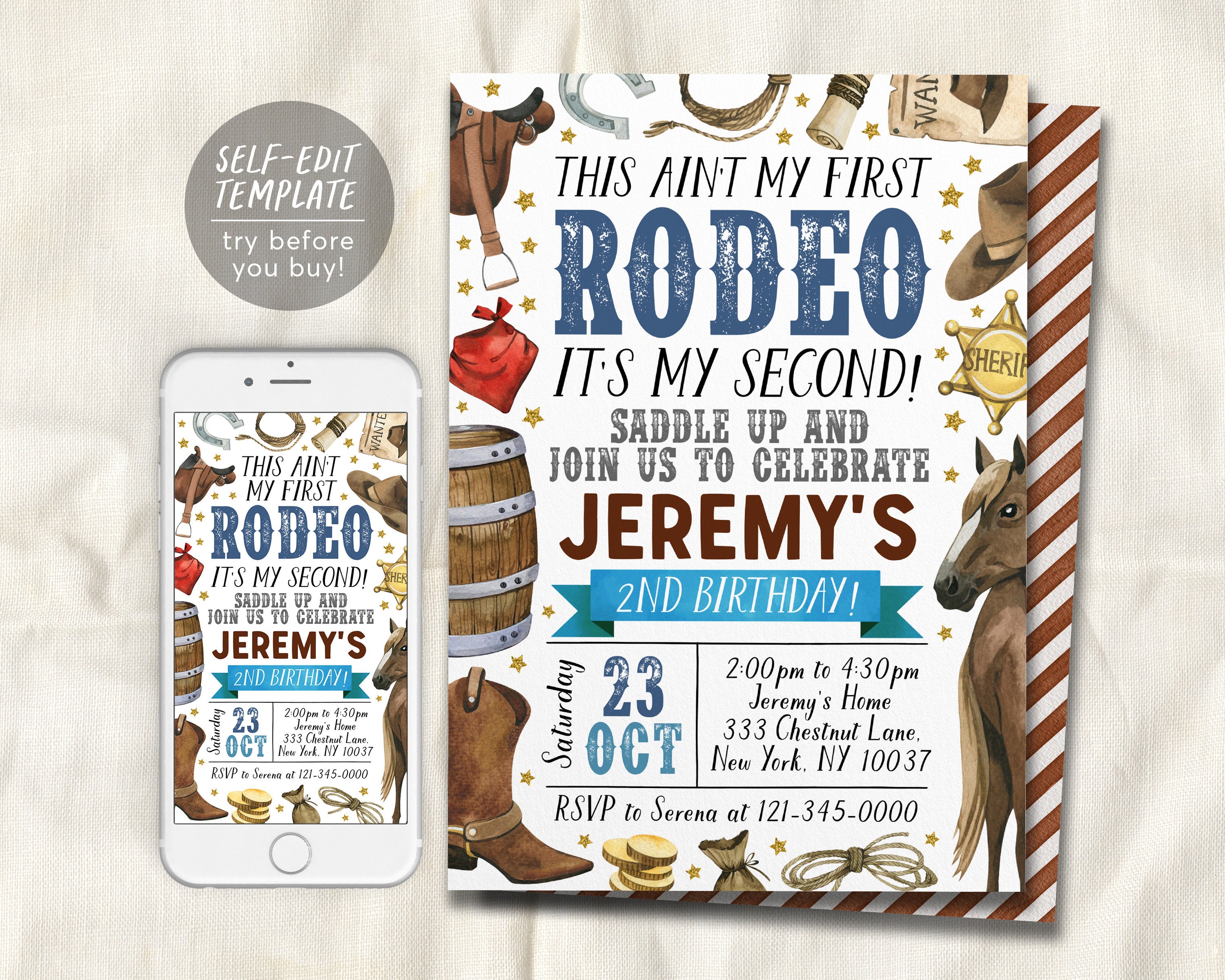 Second Rodeo Birthday Invitation Editable Template, Cowboy Saddle Up W ...