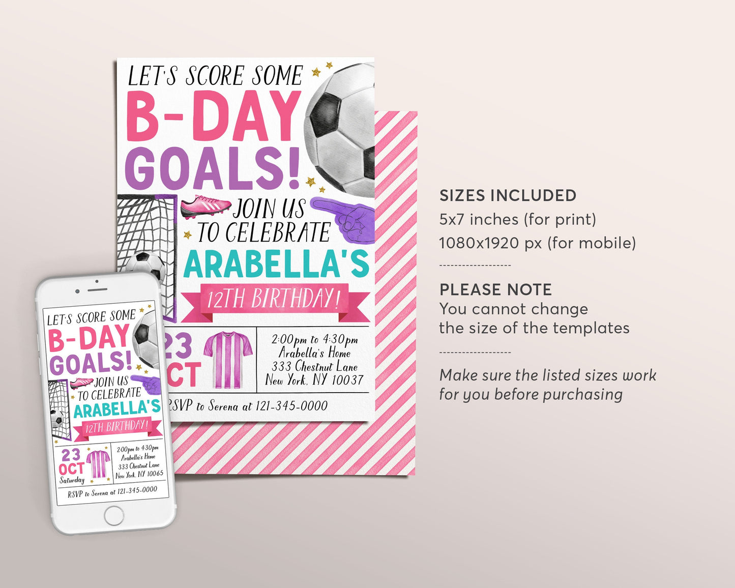 Soccer Birthday Invitation Editable Template, Girl Birthday Goals Kick Up the Fun Sports Invite, Sports Theme Game Day All Stars Evite