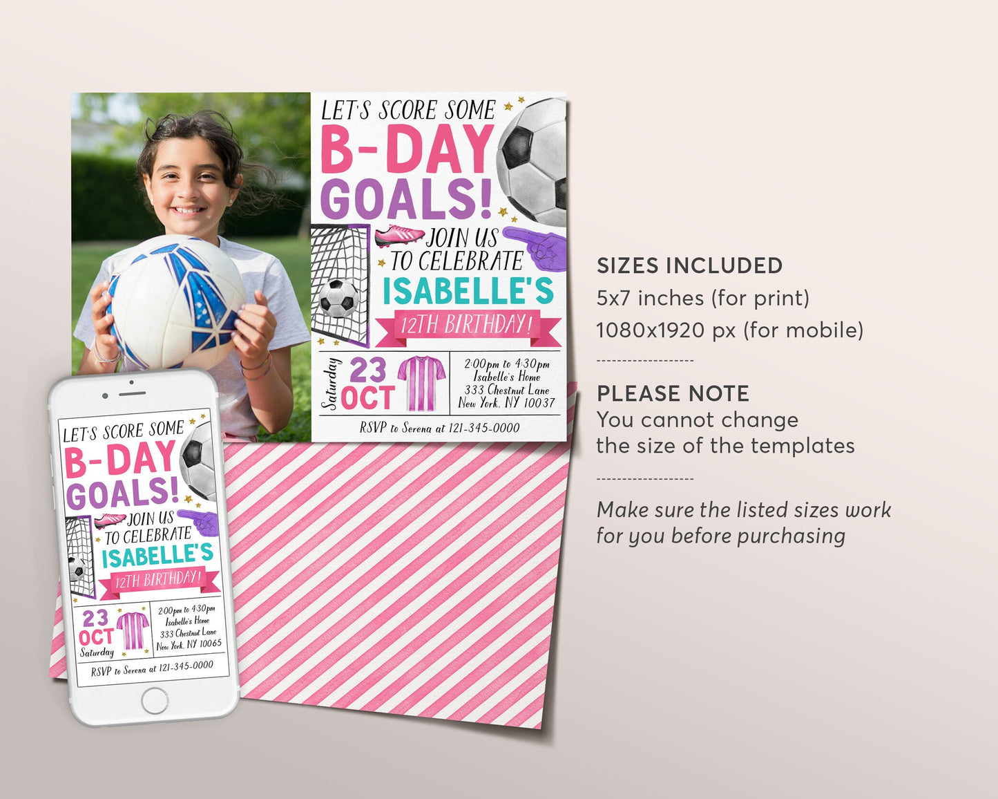 Soccer Birthday Invitation With Photo Editable Template, Girl Birthday Goals Kick Up the Fun Sports Invite, Sports Theme Game Day Evite