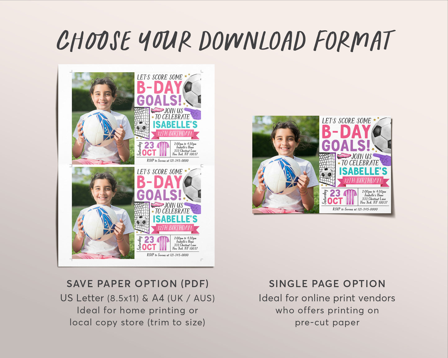 Soccer Birthday Invitation With Photo Editable Template, Girl Birthday Goals Kick Up the Fun Sports Invite, Sports Theme Game Day Evite