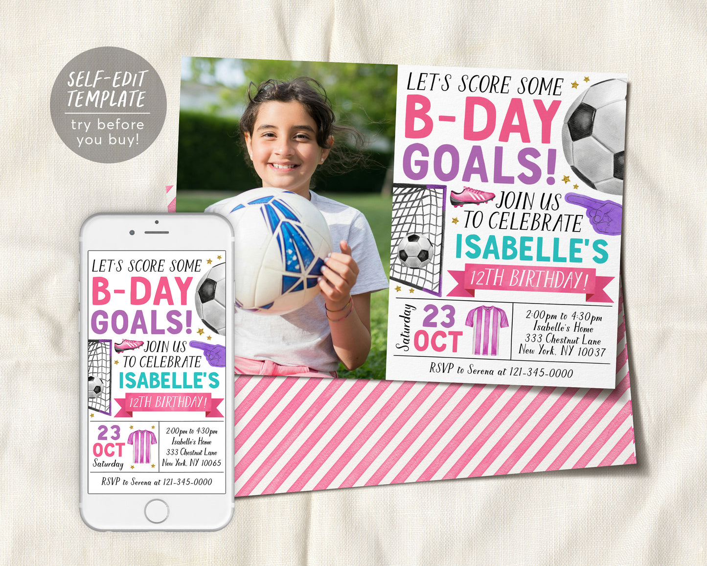 Soccer Birthday Invitation With Photo Editable Template