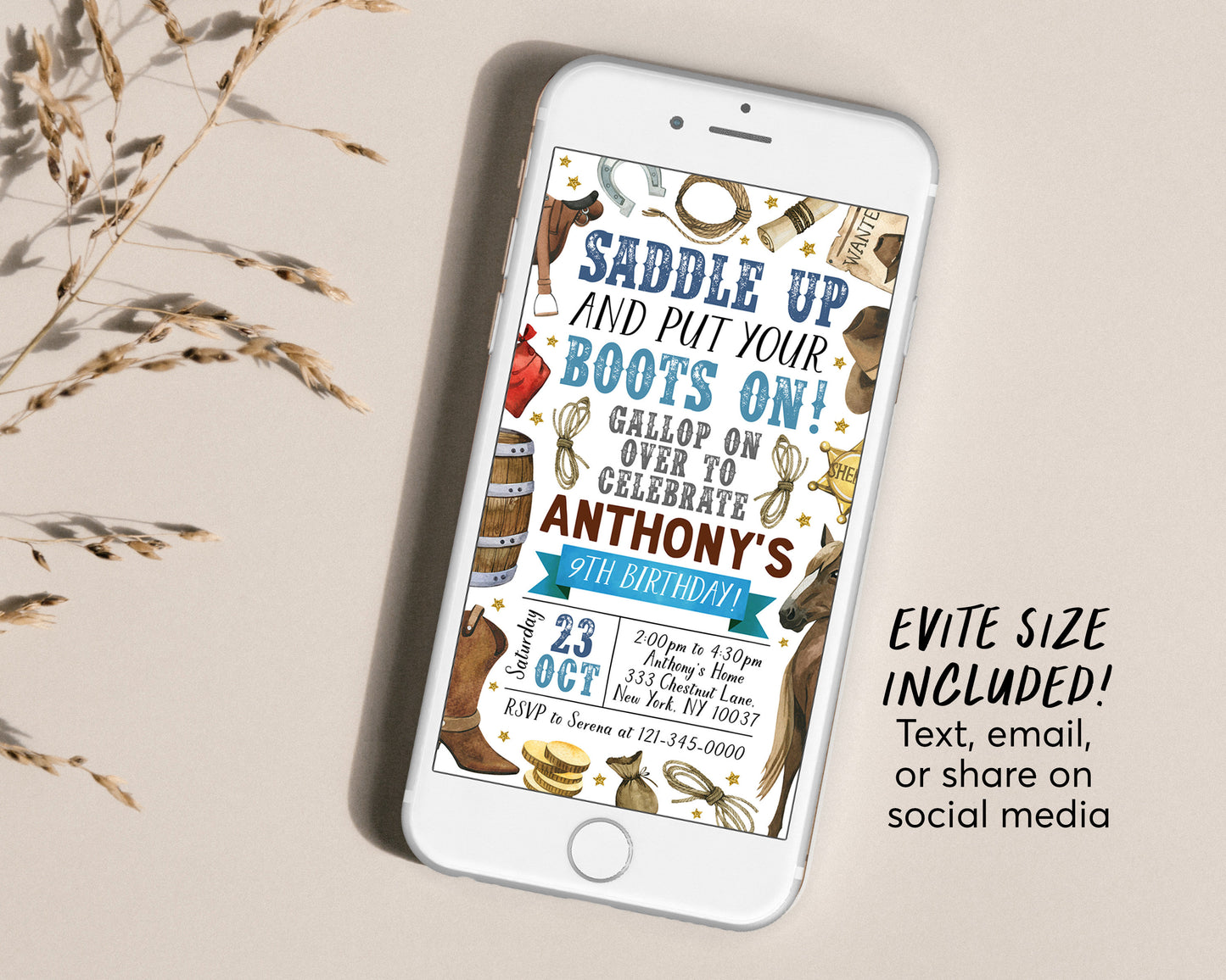 Rodeo Birthday Invitation Editable Template, Cowboy Country Western Wild West Party Invite, Saddle Up Ranch Southwestern Evite Printable