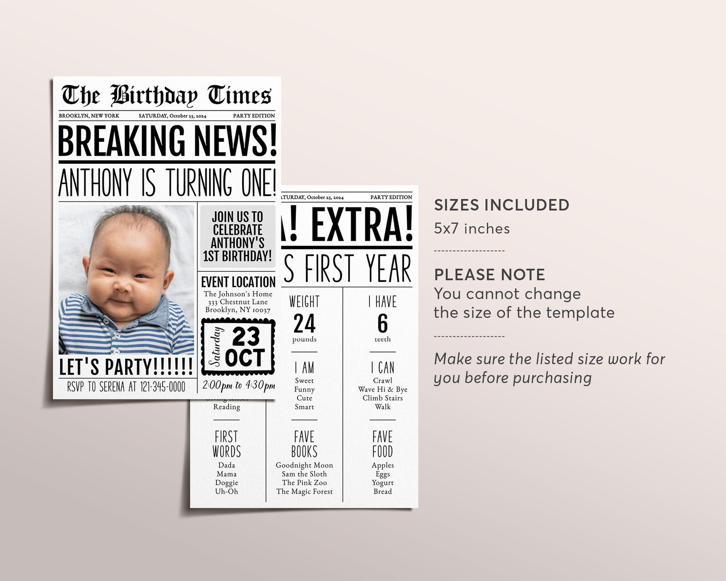 First Birthday Newspaper Invitation With Photo Editable Template, Mini Milestone 1st Birthday Party Invite Evite, Newspaper Theme Printable