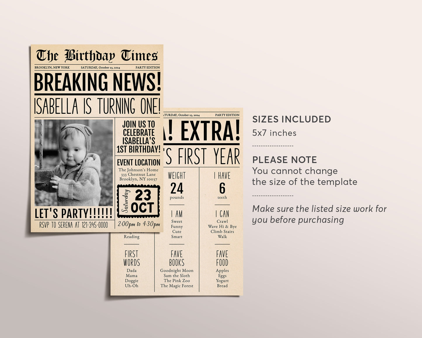 First Birthday Newspaper Invitation With Photo Editable Template, Mini Milestone 1st Birthday Party Invite Evite, Vintage Newspaper Theme