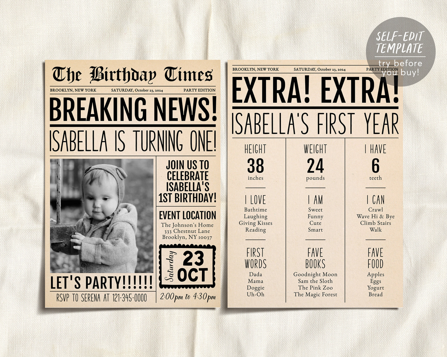 First Birthday Newspaper Invitation With Photo Editable Template