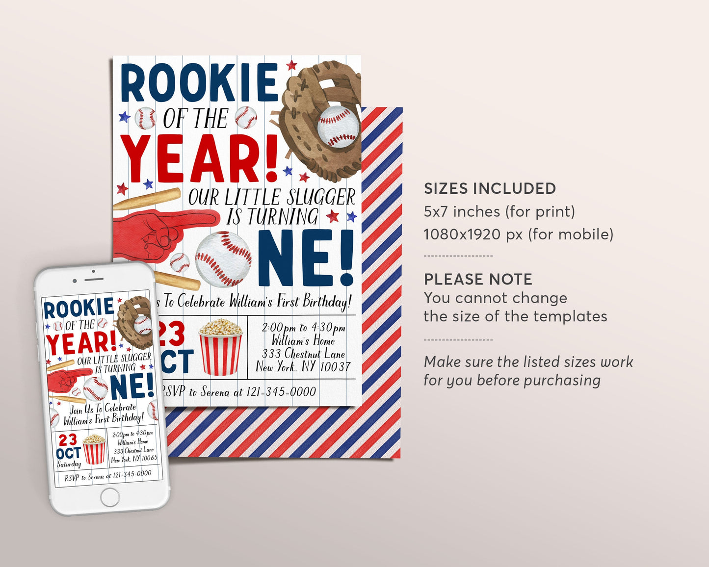 Baseball First Birthday Invitation Editable Template, Boy Rookie Of The Year Invite, Kids Sports Theme Game Day All Stars Evite Printable