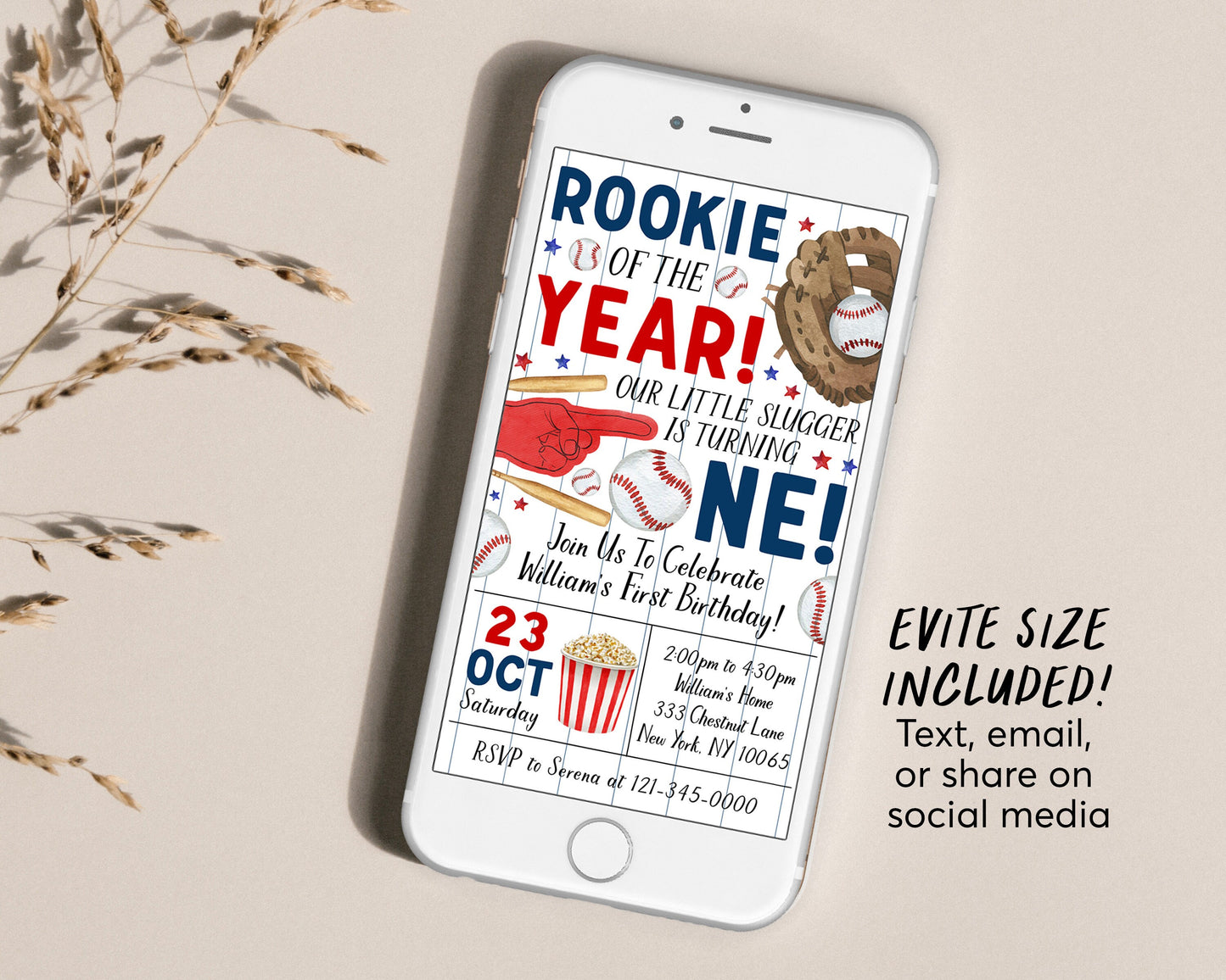 Baseball First Birthday Invitation Editable Template, Boy Rookie Of The Year Invite, Kids Sports Theme Game Day All Stars Evite Printable