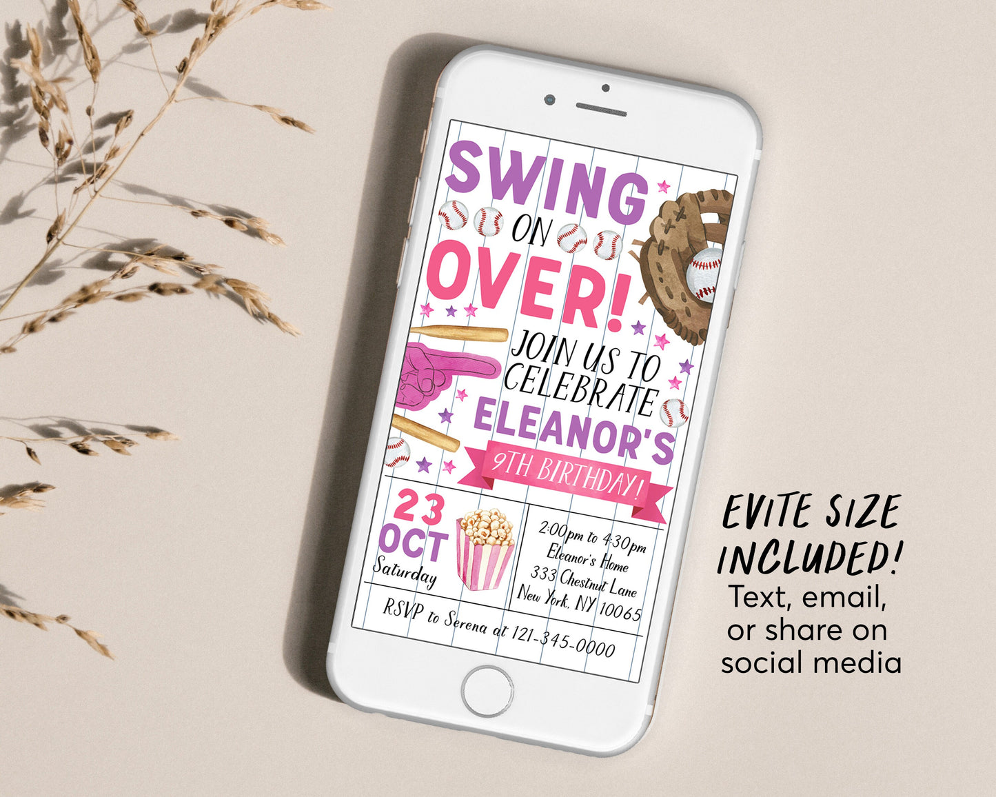 Baseball Birthday Invitation Editable Template, Girl Swing On Over Invite, Kids Slugger Sports Theme Game Day All Stars Evite Printable