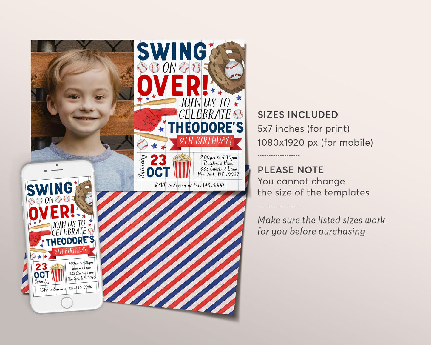 Baseball Birthday Invitation With Photo Editable Template, Boy Swing On Over Invite, Kids Slugger Sports Theme Game Day All Stars Evite