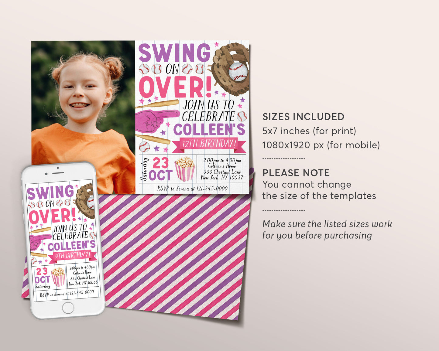 Baseball Birthday Invitation With Photo Editable Template, Girl Swing On Over Invite, Kids Slugger Sports Theme Game Day All Stars Evite