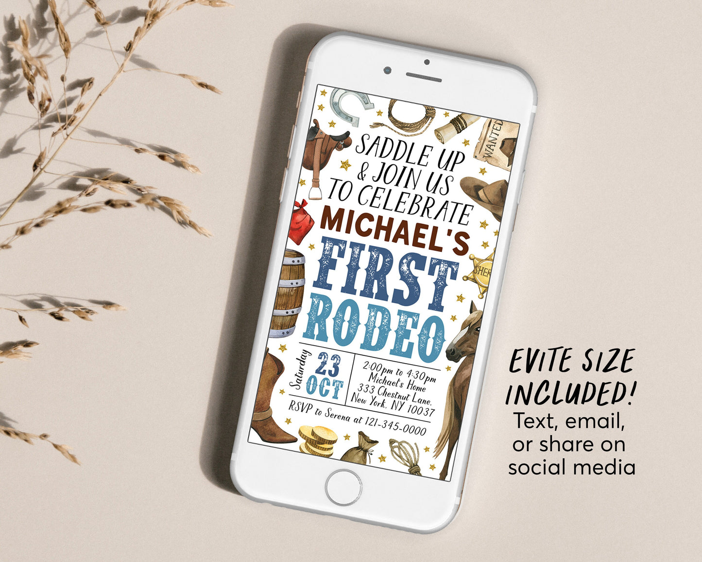 First Rodeo Birthday Invitation With Photo Editable Template, Cowboy Wild West Party Invite, Boy Ranch Southwestern Country Western Evite