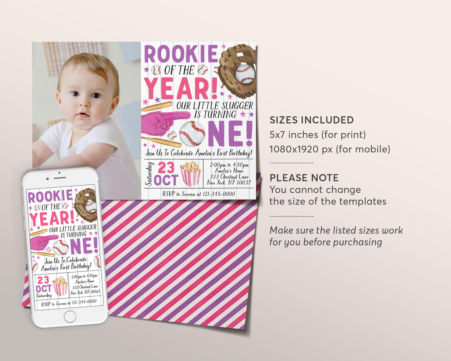 Baseball First Birthday With Photo Invitation Editable Template, Girl Rookie Of The Year Invite, Kids Sports Theme Game Day All Stars Evite