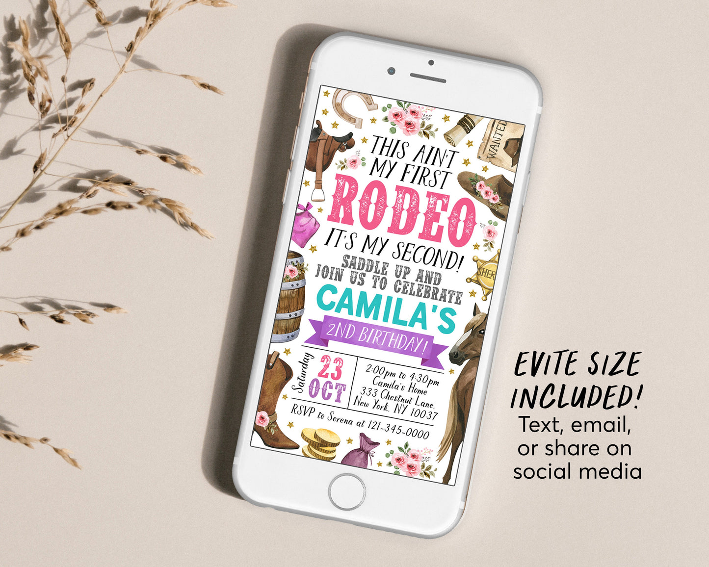 Second Rodeo Birthday Invitation With Photo Editable Template, Cowgirl Saddle Up Wild West 2nd Birthday Party Invite, Ranch Western Evite