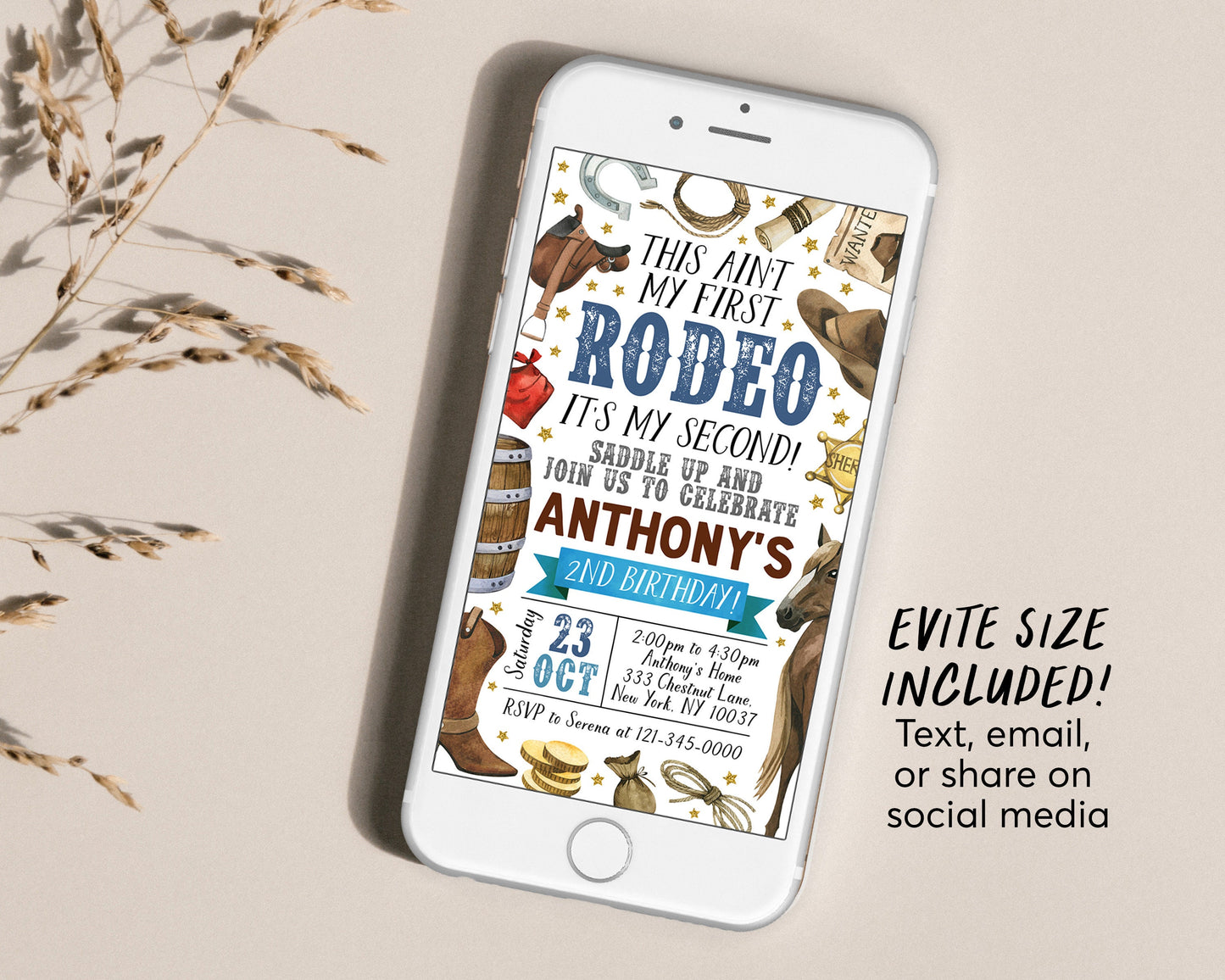 Second Rodeo Birthday Invitation With Photo Editable Template, Cowboy Saddle Up Wild West 2nd Birthday Party Invite, Ranch Western Evite