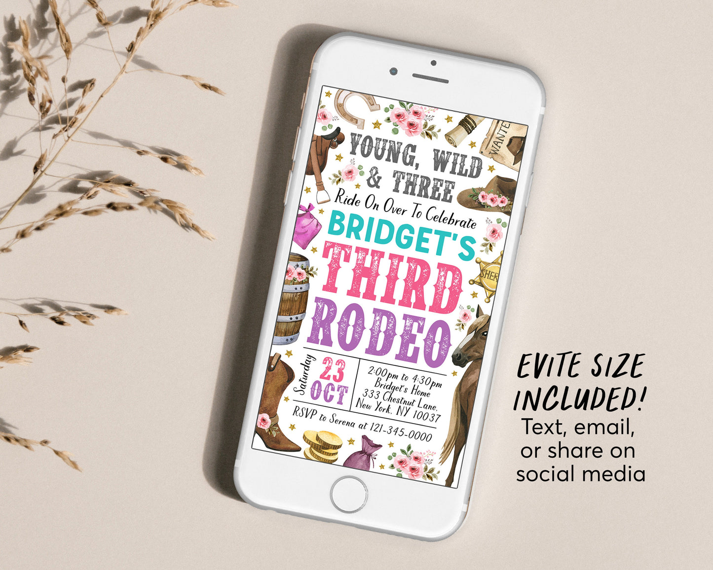 Third Rodeo Birthday Invitation With Photo Editable Template, Cowgirl Young Wild And Three Pink Party Invite, Floral Ranch Western Evite