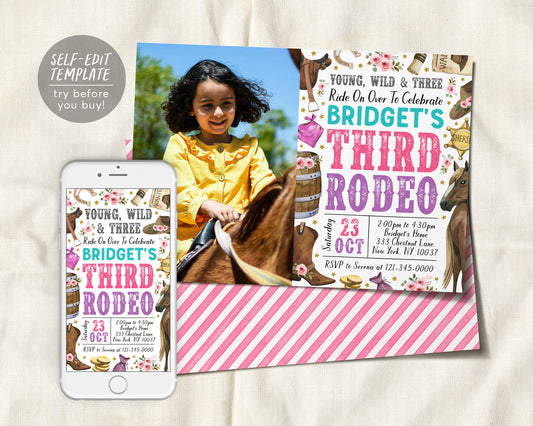 Third Rodeo Birthday Invitation With Photo Editable Template