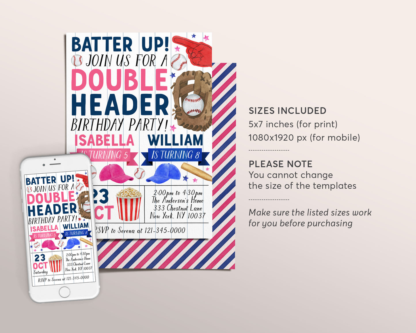 Baseball Boy Girl Joint Siblings Birthday Invitation Editable Template, Twins Batter Up Invite, Kids Slugger Sports Theme Double Header