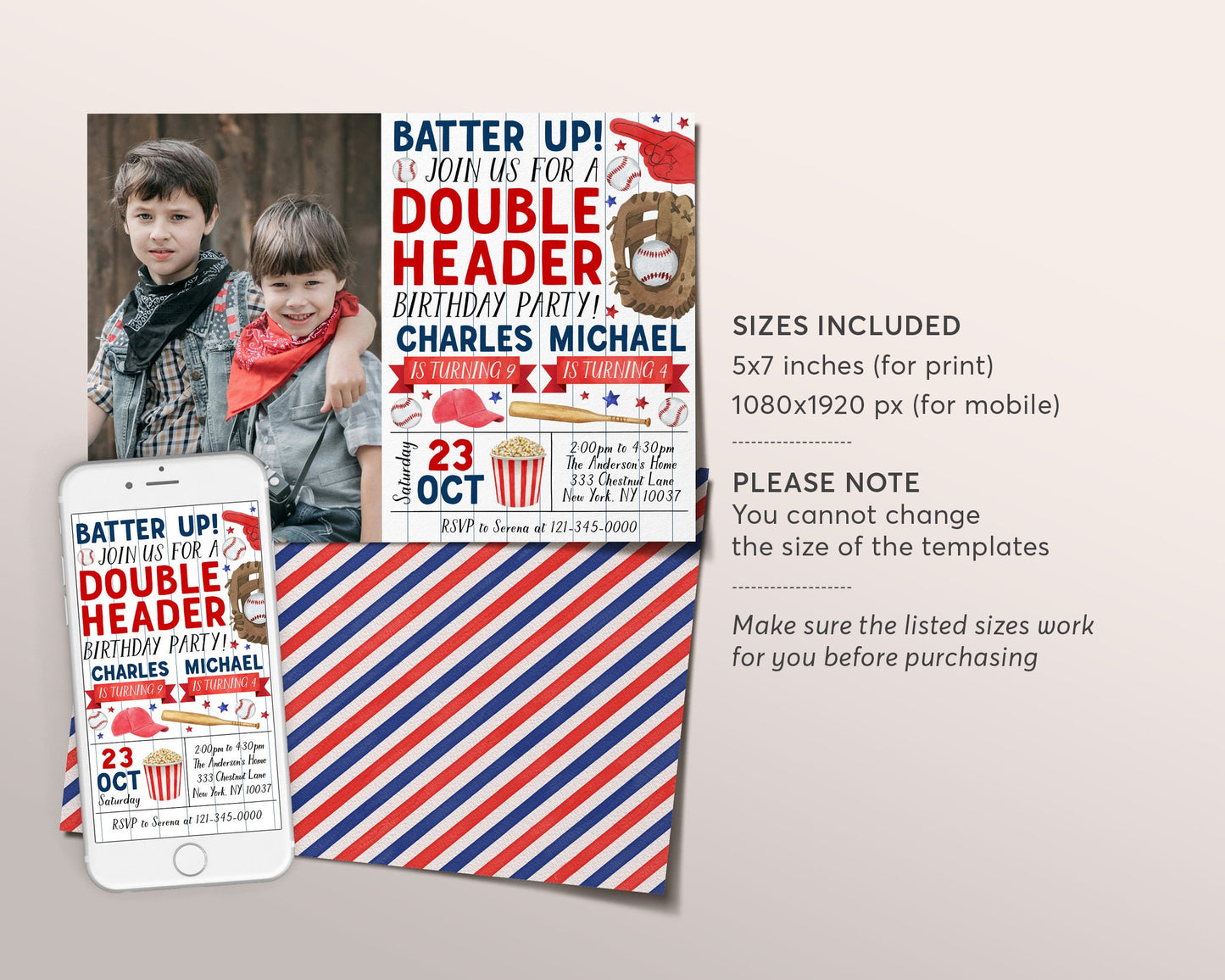 Baseball Joint Siblings Birthday Invitation With Photo Editable Template, Brothers Twins Boys Batter Up Invite, Kids Slugger Sports Theme