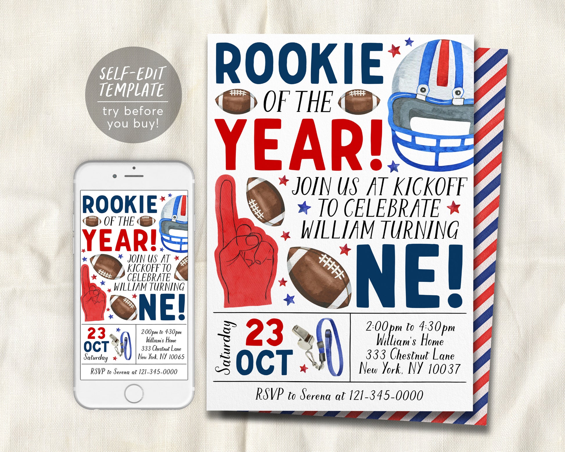 Football First Birthday Invitation Editable Template