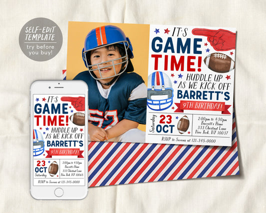 Football Birthday Invitation With Photo Editable Template