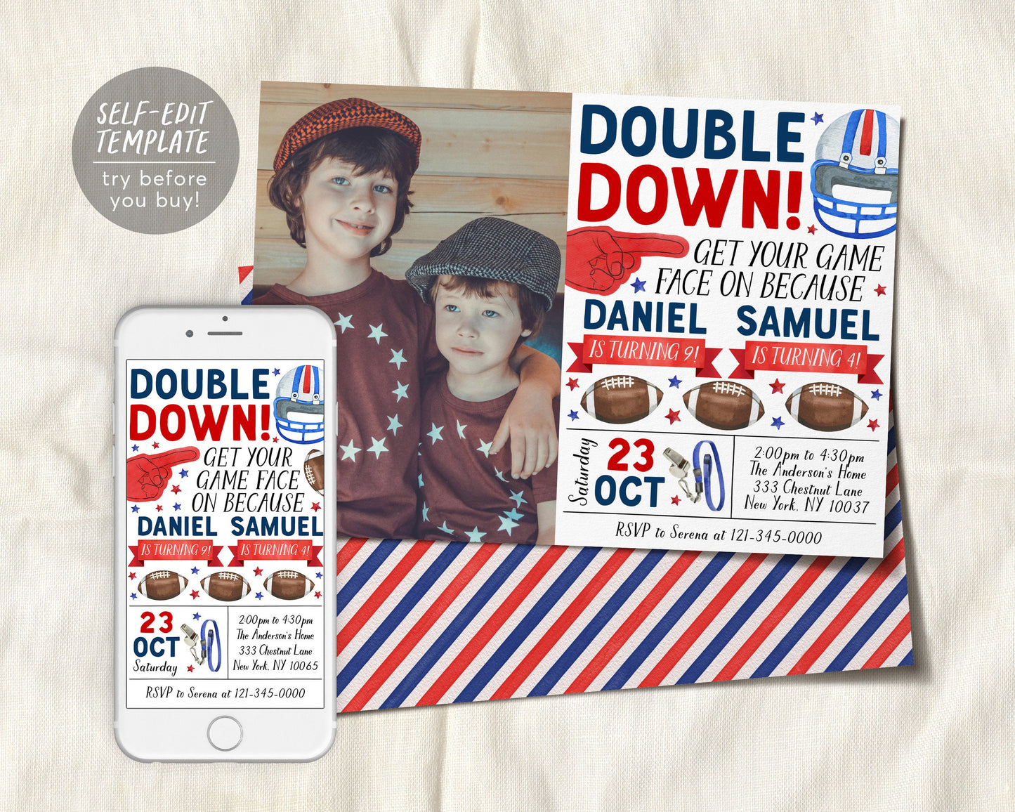 Football Joint Siblings Birthday Invitation With Photo Editable Template