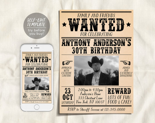 Adult Wanted Poster Invitation With Photo Editable Template